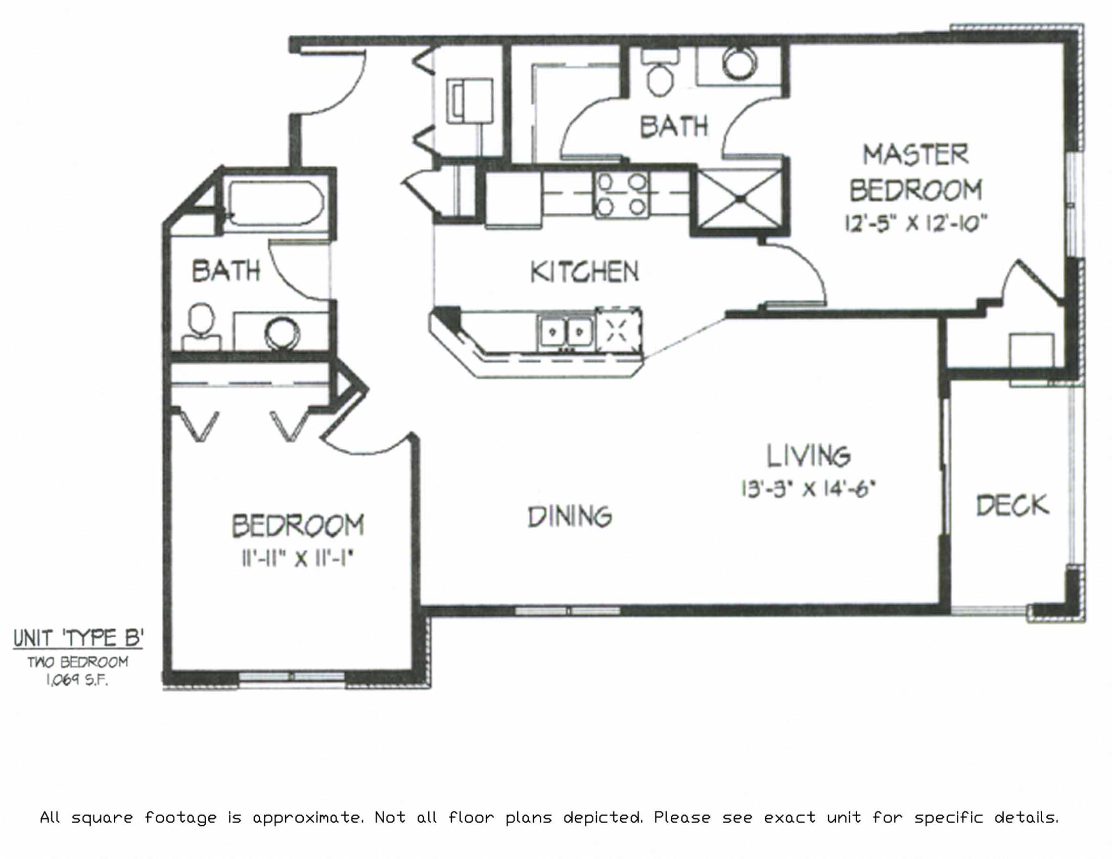Floor plan for 2 beds, 2 baths, 1069 sqft